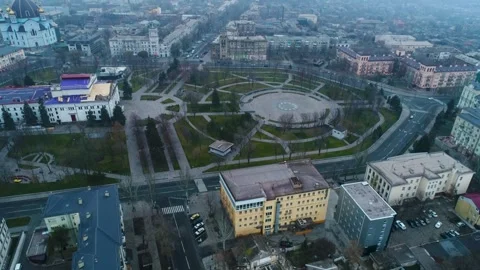 View of the central square and reconstruction of the Drama Theater of Mariupol Stock Footage 280389508