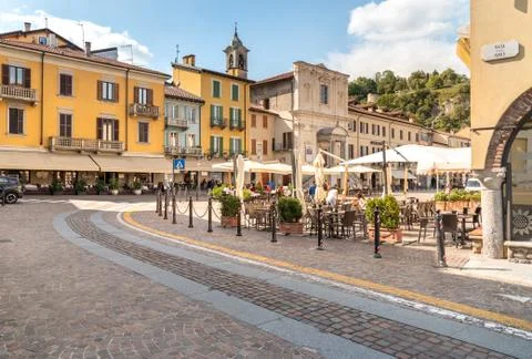 View of Central square - Piazza Del Popolo in center of Arona, Italy Stock Photos