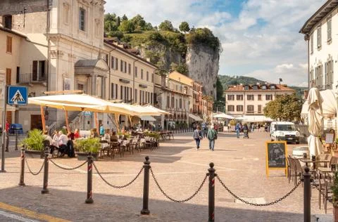 View of Central square - Piazza Del Popolo in center of Arona, Italy Stock Photos
