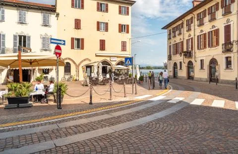 View of Central square - Piazza Del Popolo in center of Arona, Italy Stock Photos