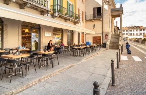 View of Central square - Piazza Del Popolo in center of Arona, Italy Stock Photos