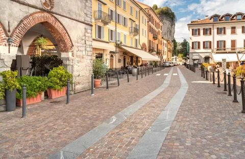 View of Central square - Piazza Del Popolo in center of Arona, Italy Stock Photos