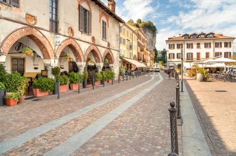 View of Central square - Piazza Del Popolo in center of Arona, Italy Stock Photos