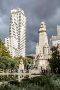 View of the Cervantes monument  on the Square of Spain Stock Photos