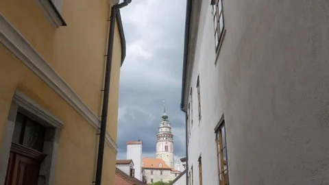 View of Cesky Krumlov between two buildings in Czech Republic, 4k Stock Footage 116744492
