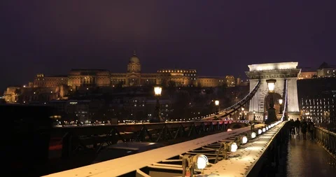A view of Chain bridge and Buda Castle at night time Stock Footage 102358034