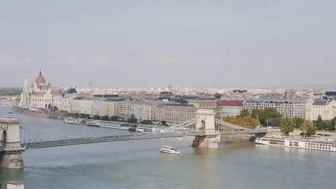View of Chain Bridge. Budapest, Hungary, one tourist boat. Stock Footage