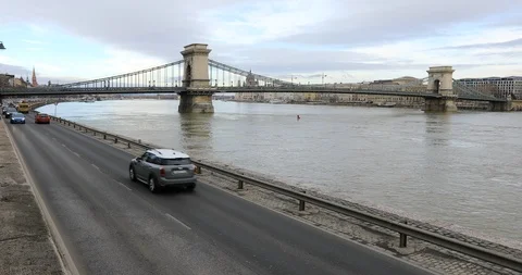 A view of Chain Bridge on Danube river and city traffic Stock Footage 102230075