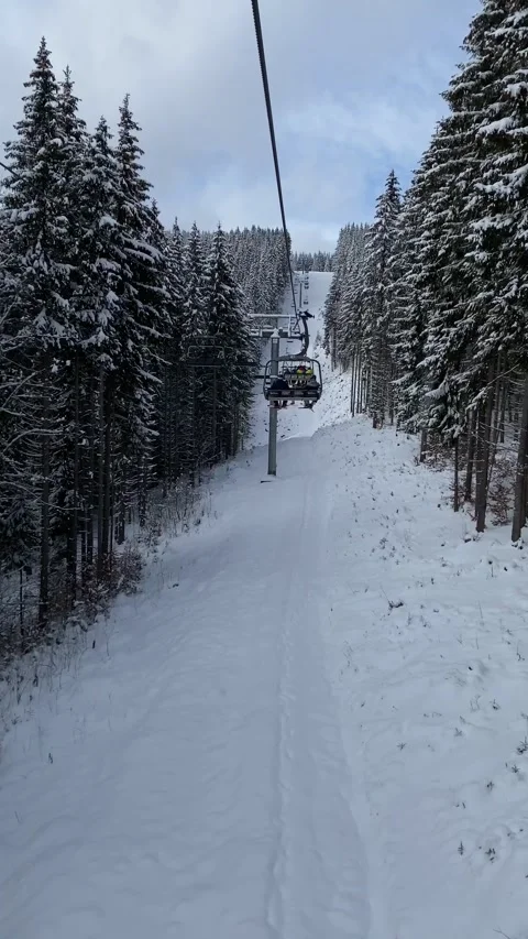 View of chair lift pine tree covered with snow ski resort Stock Footage 240288571