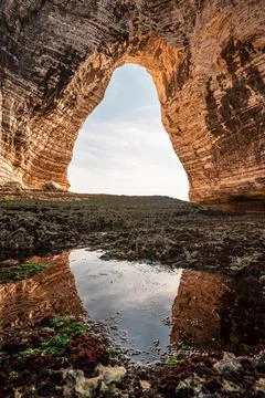 View of chalk cliff arch with mirror reflection in tidal pool at low tide in Stock Photos