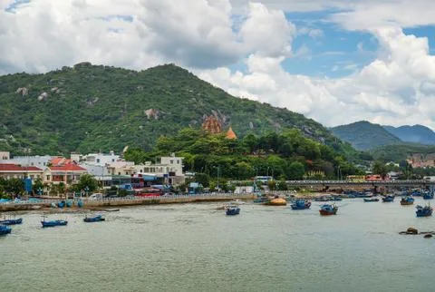 View of the Cham Tower, the Kai River, the mountains, Nha Trang, Vietnam Stock-Fotos