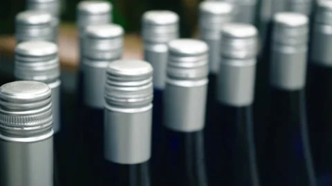 The view with a chamber of movement on many wine bottles standing in the factory Stock Footage 235387604