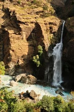View onto the Chamje, Chamche waterfall at the Marsyangdi River, close to Cha Stock Photos