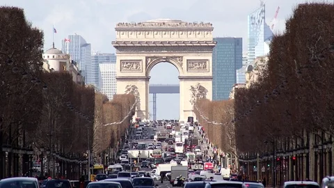 View of the Champs Elysées and the Arch of Triumph from Place of Concorde Stock Footage 104447394