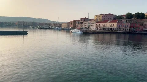 View of Chania with the amazing lighthouse, mosque, venetian shipyards, Crete, G Stock Footage 276952335