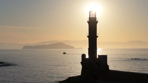 View of Chania with the amazing lighthouse, mosque, venetian shipyards, Crete, G Stock Footage 291291939