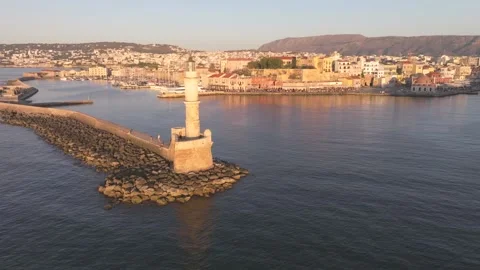  View of Chania with the amazing lighthouse, mosque, venetian shipyards, Crete,  Stock Footage 310682220