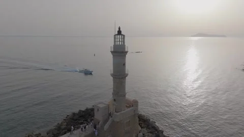  View of Chania with the amazing lighthouse, mosque, venetian shipyards, Crete,  Stock Footage 329131793