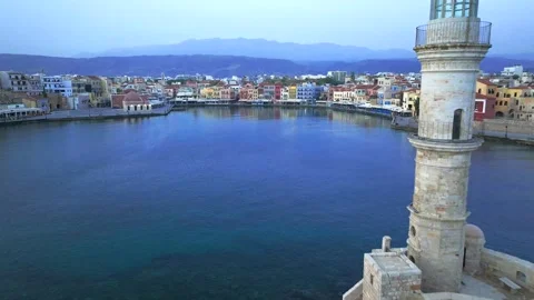  View of Chania with the amazing lighthouse, mosque, venetian shipyards, Crete,  Stock Footage 340426278
