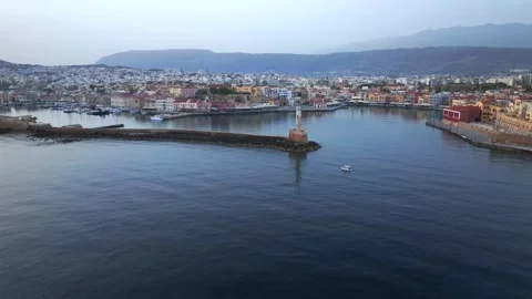  View of Chania with the amazing lighthouse, mosque, venetian shipyards, Crete,  Stock Footage 340650732
