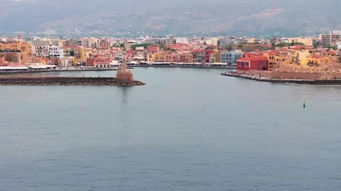  View of Chania with the amazing lighthouse, mosque, venetian shipyards, Crete,  Stock Footage 342348780