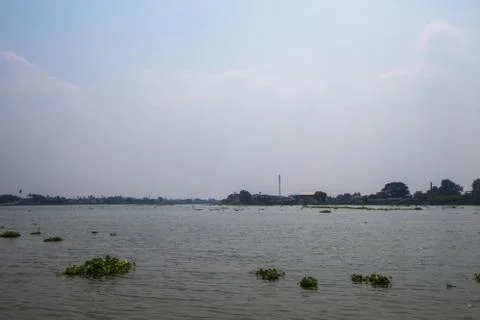 View of the Chao Phraya River with the evening atmosphere in Pathum Thani Pro Stock Photos