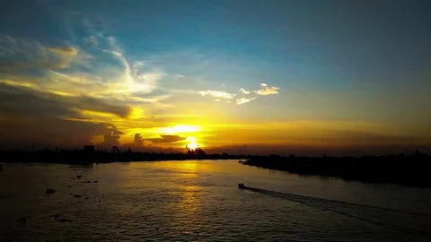 View Of The Chao Phraya River At Sunset, Bangkok, Thailand Stock Footage 81326298
