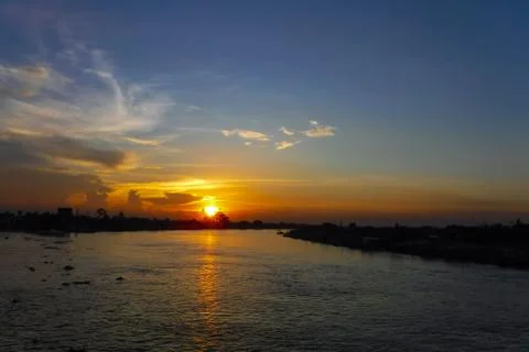View Of The Chao Phraya River At Sunset, Bangkok, Thailand Stock Photos