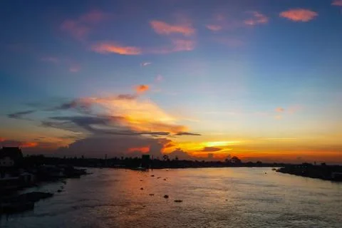 View of the Chao Phraya River at sunset, Bangkok, Thailand Stock Photos
