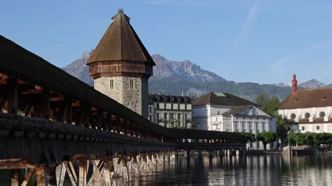 View of Chapel Bridge and water tower in Lucerne, Switzerland. Video stock 343669067