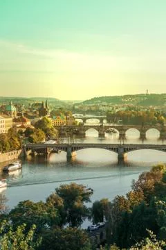 View of Charles bridge and the old town of Prague in Czech Republic, at the b Stock Photos