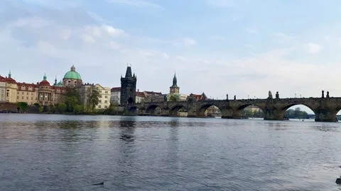 View of Charles Bridge and Vltava River in Prague, Czech Republic. 4k Stock Footage 340764839