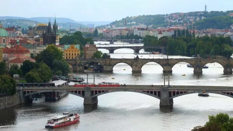 View of Charles Bridge in Prague, Czech Republic. popular tourist attraction Stock Footage 164312264