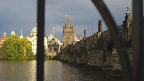 View of Charles Bridge in Prague, Czech Republic. popular tourist attraction Stock Footage 164748252
