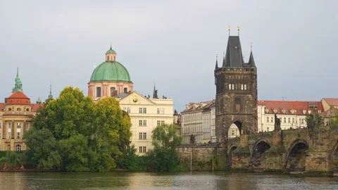 View of Charles Bridge in Prague, Czech Republic. popular tourist attraction Stock Footage 204871701