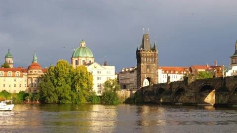View of Charles Bridge in Prague, Czech Republic. popular tourist attraction Stock Footage 235201029