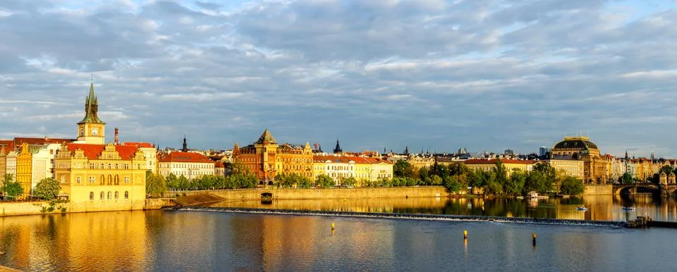 View from charles bridge in prague, czech republic. Beutiful panorama on rive Stock Photos