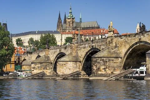 View of Charles Bridge spanning the Vltava River Stock Photos