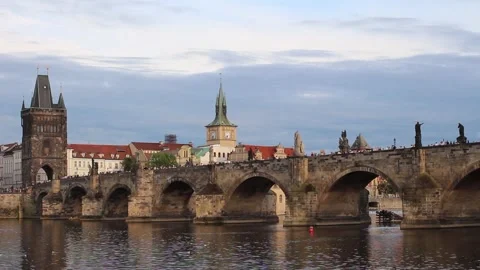View of Charles Bridge from Vltava river Stock Footage 247765553