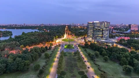 View of Charles de Gaulle Square and Herastrau Park at twilight, Romania. Stock Footage 335600748