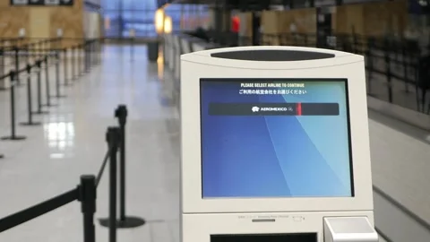 View of Check in counter Sign Board at Row E at Kansai internation airport .. Stock Footage 337008075