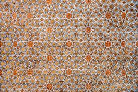 View of Chehel-sotun ceiling features an intricate pattern on it, Isfahan, Ir Stock Photos
