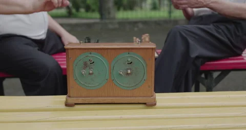 View of chess clock. Low view of player's hand turns on the button during game 스톡 동영상 131009350