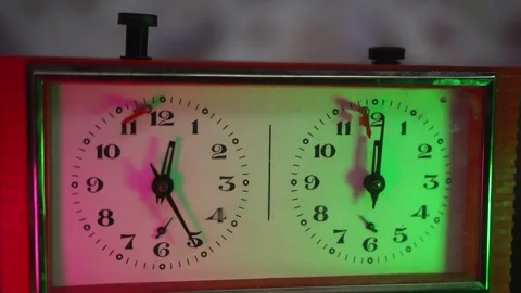 View of chess clock. Vintage chess timer. Player's hand presses on button Video stock 247137329