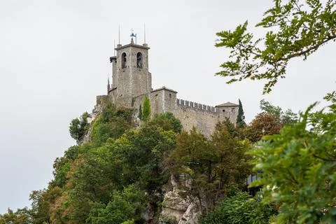 View of the Chesta Tower on Monte Titano in San Marino capital Stock Photos