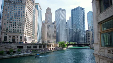 View of Chicago city center, capturing skyscrapers near the Chicago river. Stock Footage 311586196