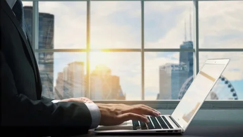 View of Chicago Illinois .Close up hand Businessman using laptop Stock Footage 84581486