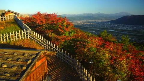 View of the Chikuma River Downstream and the Inner and Outer Baileys from the Video stock 330721313