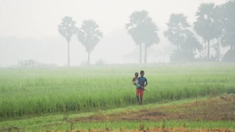 View of children walking through a misty field in Bogura, Bangladesh. Stock Footage 335584224
