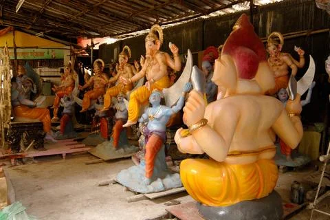 View of Chitrashala workshop of making big idols of lord Ganesh for Ganpati.. Stock Photos